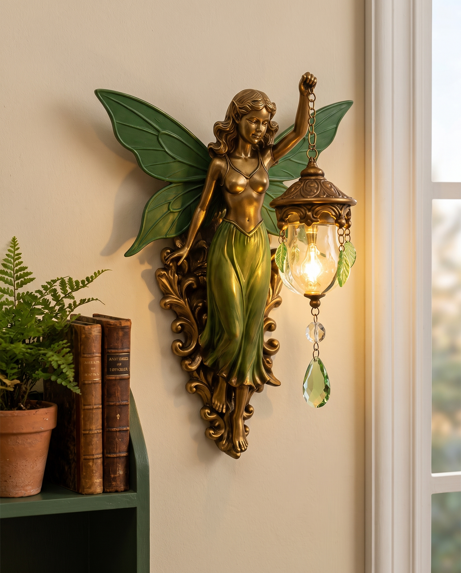 Fairy Lantern beside a green shelf